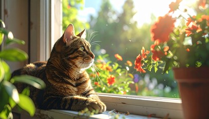A tabby cat basks in golden sunlight on a windowsill, gazing peacefully at a blooming garden.