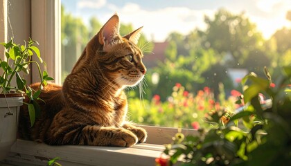 A tabby cat basks in golden sunlight on a windowsill, gazing peacefully at a blooming garden.