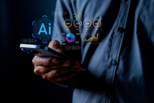 Modern Businessman Using Smartphone with Data Visualization and Artificial Intelligence Technology for Business Analysis in Dark Environment
