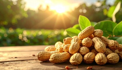 Freshly harvested peanuts rest on lush green foliage under warm golden sunlight in a serene farm field.