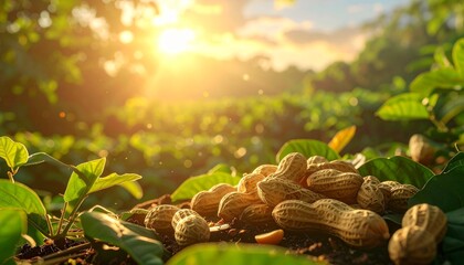 Freshly harvested peanuts rest on lush green foliage under warm golden sunlight in a serene farm field.