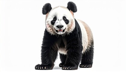 Surreal hybrid creature blending panda and bear traits, standing in a natural setting with striking contrast.