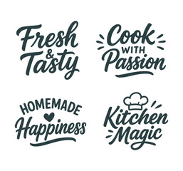Set of inspirational kitchen cooking quote designs featuring hand-lettered typography.