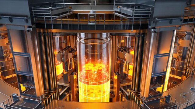 Glowing Reactor Core: An up-close view reveals the fiery heart of a nuclear reactor, showcasing the raw power of controlled atomic reactions and technological advancement.