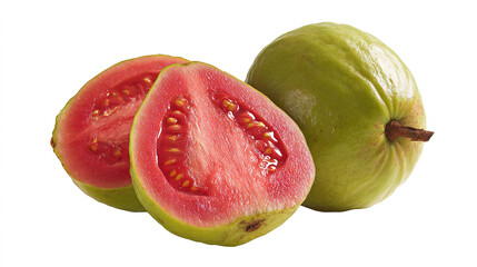 Fresh Red-Fleshed Guava Halved Flat Lay on White Background for Healthy Fruit Catering Food Material
