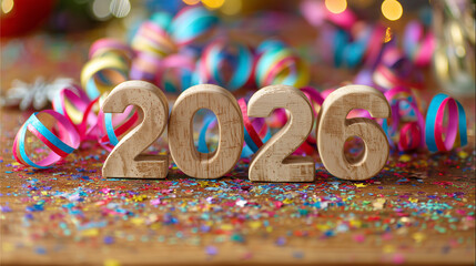 People are preparing for a celebration, surrounded by vibrant confetti, colorful decorations, and the wooden numbers representing the year 2026. Festive items add to the joyful atmosphere.