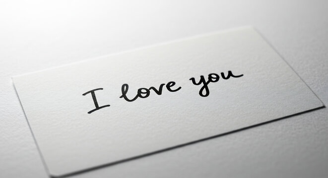 I love you message on a white card softly illuminated by gentle light creating subtle shadows for a romantic feel. AI Generated
