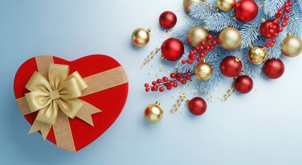 Red heartshaped gift box with golden bow and festive christmas decorations