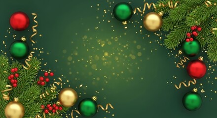 Festive christmas background with ornaments, fir branches, and golden confetti