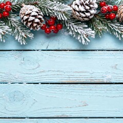 Christmas flat lay with snow-dusted pine branches, red berries and frosted pinecones arranged along the top edge of light blue rustic wood, creating a bright seasonal winter background.
