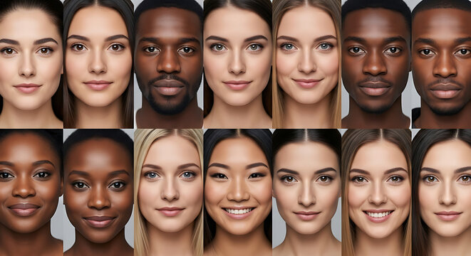 A grid of diverse human faces showcasing various ethnicities, genders, and skin tones, representing global human diversity and multiculturalism.