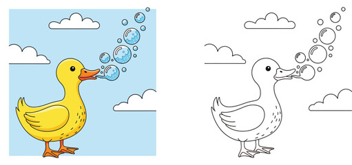 Cute Cartoon Yellow Duck Blowing Soap Bubbles. Happy Farm Animal Character Playing Outdoors with Blue Sky and Clouds for Kids Design Vector Illustration.