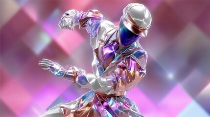 A stylized, humanoid robot with an iridescent, metallic outfit, striking a dynamic pose against a backdrop of shimmering pink and purple diamond shapes. The rob