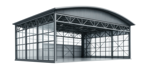 Steel-framed hangar with glass walls and expansive windows.