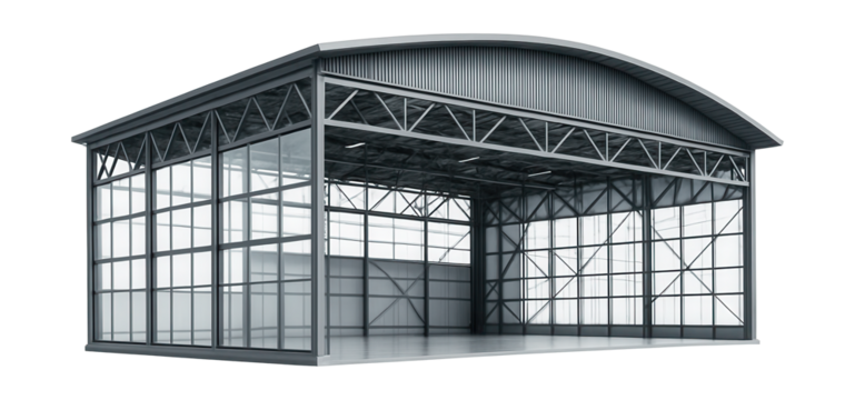 Steel-framed hangar with glass walls and expansive windows.
