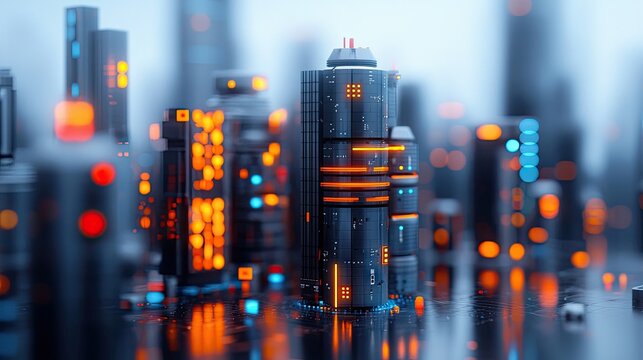 A futuristic cityscape with abstract, towering buildings illuminated by vibrant orange and blue neon lights, set against a hazy, atmospheric background.