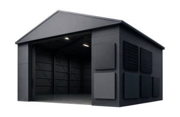 Soundproofed hangar featuring acoustic insulation panels.