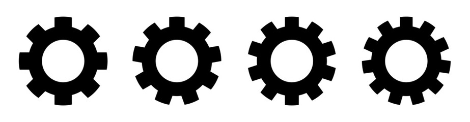 Four thick gear icons with bold mechanical shapes and consistent tooth design. Perfect for themes involving machinery, engineering, industrial systems, automation, and digital interfaces.