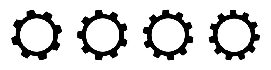 Four outline gear icons with thin, precise strokes, representing detailed mechanical structure. Ideal for themes of engineering, technology, system settings, and machine mechanics.