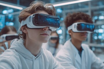 Students using VR headsets in a futuristic classroom setting