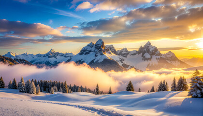 Sunrise to sunset views of a winter mountain landscape covered in snow and frost, showing cold nature and frozen fir trees under the sky