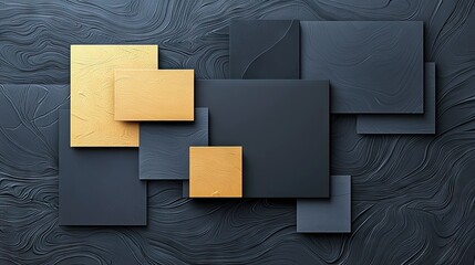 An abstract composition featuring overlapping geometric shapes, primarily squares and rectangles, in gold and dark blue tones. The background has a textured, wa