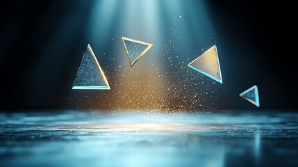 Abstract geometric shapes, specifically triangles, are suspended in mid-air, illuminated by a dramatic spotlight. Golden glitter particles swirl around them, cr