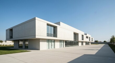 Modern concrete building complex, facing a paved courtyard, under a clear sky