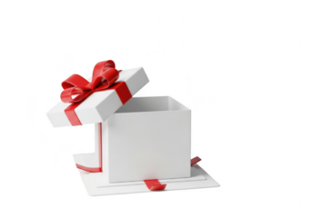 A pristine open white gift box with a striking red ribbon and bow, symbolizing surprise and celebration, isolated on transparent background