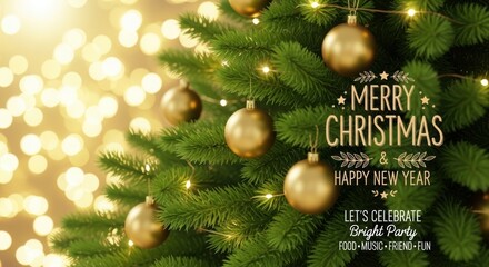 Merry christmas and happy new year greeting with decorated tree and bokeh lights