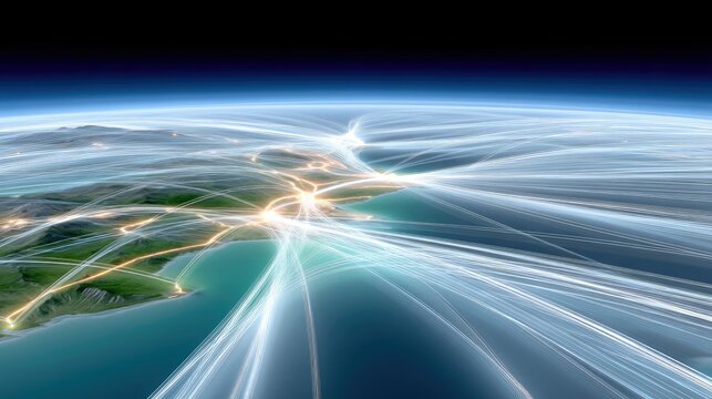 An abstract visualization of global network connections, showing glowing lines of light emanating from cities on Earth and spreading across the planet, viewed f