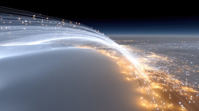 Abstract representation of global data flow and connectivity, visualized as luminous trails and city lights on Earth's surface at night.