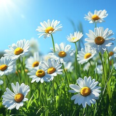 Fototapeta premium Daisies blooming in the sunlight surrounded by lush green grass and clear skies. Generated AI high resolution for isolate image