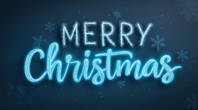 Bright Blue Neon Merry Christmas Sign with Snowflakes on Dark Background