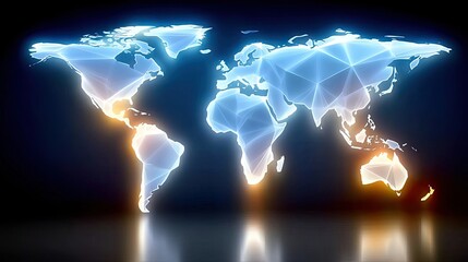 A stylized, glowing world map with a translucent geometric network overlay, set against a dark, reflective background. Continents are outlined with blue and ora