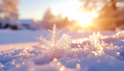Winter sunset in the forest, sun shining through snowy pine branches, a frozen holiday landscape