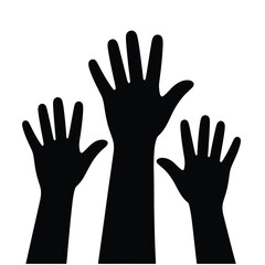 Silhouette of three raised hands against a white background