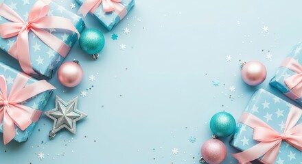 Christmas gift boxes and ornaments on a light blue background with glitter