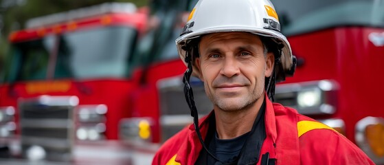 Professional firefighter in uniform standing confidently with fire trucks nearby