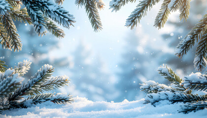 Obraz premium Snowy pine branches, evergreen nature's decoration for the winter season and Christmas holiday