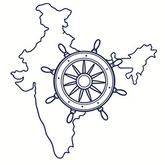 Stylized outline of india superimposed with a nautical ship s steering wheel symbolizing maritime navigation and control over the country s vast coastline and sea routes © Mamun