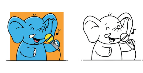 Cute Cartoon Elephant Singer Holding Microphone. Happy Blue Animal Character Singing Song with Music Note for Karaoke or Kids Design Vector Illustration.