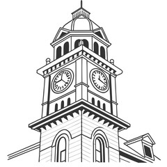 Naklejka premium A detailed black and white line drawing illustration of a classic clock tower with multiple faces and a domed roof against a white background