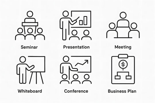 Business Communication Icons: A set of six meticulously crafted line icons representing core aspects of business communication, perfect for illustrating concepts like seminars, presentations.