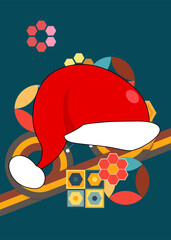 Retro 70s Background with Santa Claus Hat. Groovy xmas 1970s art template. Minimalistic Vintage design poster. Old-fashioned color artwork.