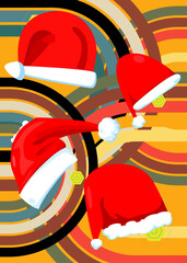 Retro 70s Background with Santa Claus Hat. Groovy xmas 1970s art template. Minimalistic Vintage design poster. Old-fashioned color artwork.