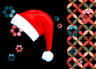 Retro 70s Background with Santa Claus Hat. Groovy xmas 1970s art template. Minimalistic Vintage design poster. Old-fashioned color artwork.