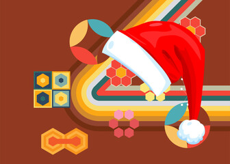 Retro 70s Background with Santa Claus Hat. Groovy xmas 1970s art template. Minimalistic Vintage design poster. Old-fashioned color artwork.