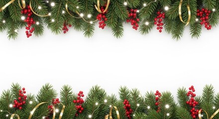Christmas border with fir branches, red berries, and lights isolated on white background