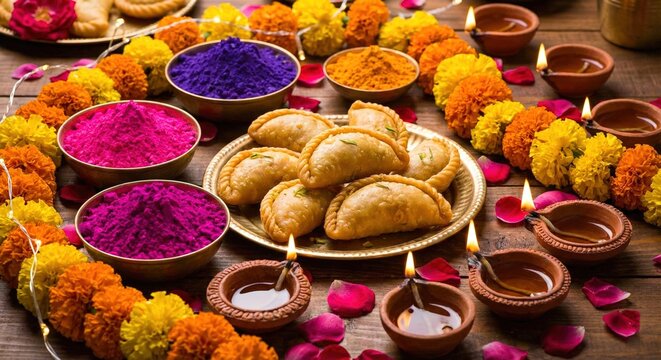 Indian festival food and colored powders with diyas and marigold garlands holi diwali